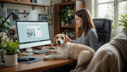 A young woman sits comfortably in a stylish home office, focusing on her work on a computer. A friendly dog lies on her lap, creating a warm and cozy atmosphere as sunlight filters through the window