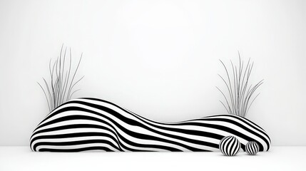 Obraz premium Abstract Black and White Striped Sculpture with Decorative Elements in Minimalistic Interior Setting