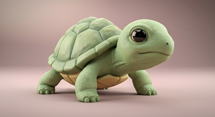 Cute Baby Turtle Crawling with Big Eyes on Pink Background