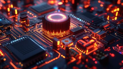 Obraz premium Illuminated circuit board with toroidal core inductors, precision copper, capacitors, and a series of neon light transformers, background wallpaper AI generated image