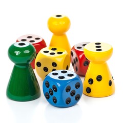 Colorful wooden dice and game pieces isolated on white.