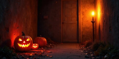 Obraz premium Flickering torches cast pumpkin shadows on walls, torches, eerie