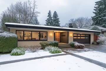 Winter home exterior with snow residential area photography calm environment front view