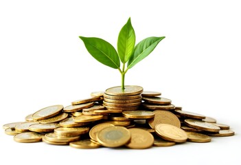 Shiny coins with plant symbolizing financial investment and prosperity on white background