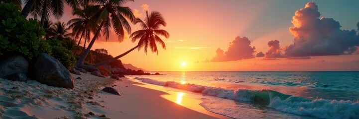 Sunset on tropical sandy ocean beach with palm trees and film-flared effects, tropics, sunset