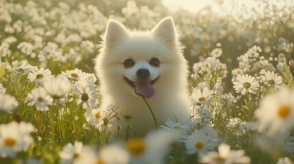 Obraz premium Adorable White Puppy in a Daisy Field
