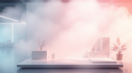 Minimalist stage with plants and atmospheric fog, softly lit with pastel pink and blue hues. Serene showcase.
