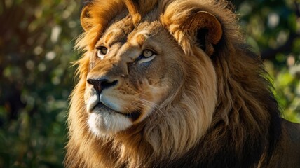 Fototapeta premium Majestic lion with a large mane sitting in the grass under the clear blue sky in a natural habitat