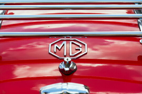 SAALBACH-HINTERGLEMM, AUSTRIA - JUNE 21 2018: Vintage car MG MGA 1600 roadster oldsmobile veteran preparing for Saalbach Classic rally on June 21, 2018 in Saalbach-Hinterglemm, Austria.