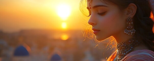 Sunset portrait of woman in traditional attire cultural setting serenity