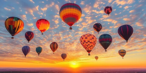 Obraz premium Giraffes soar gracefully in the sunset sky, surrounded by a colorful array of floating balloons, creating a whimsical and enchanting scene.