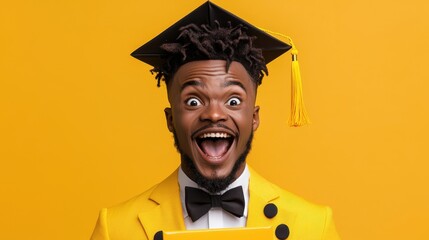 Joyful male graduate wearing a yellow suit and graduation cap, smiling widely against a bright yellow background, celebrating academic achievement