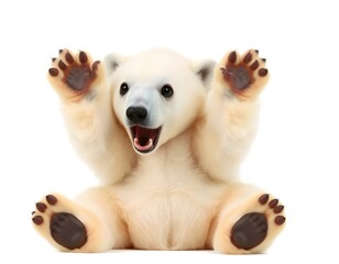 Fototapeta premium Playful Polar Bear Cub with Paws Raised in Surprise on White Background
