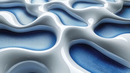 Abstract White and Blue Fluid Surface with Smooth Waves and Textured Patterns in 3D Design