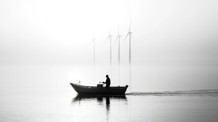 Obraz premium Solitary Fisherman Rows Boat Past Foggy Wind Turbines
