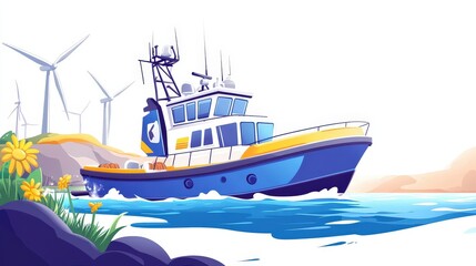 Naklejka premium A Blue Boat Sails Past Wind Turbines Near a Coastline