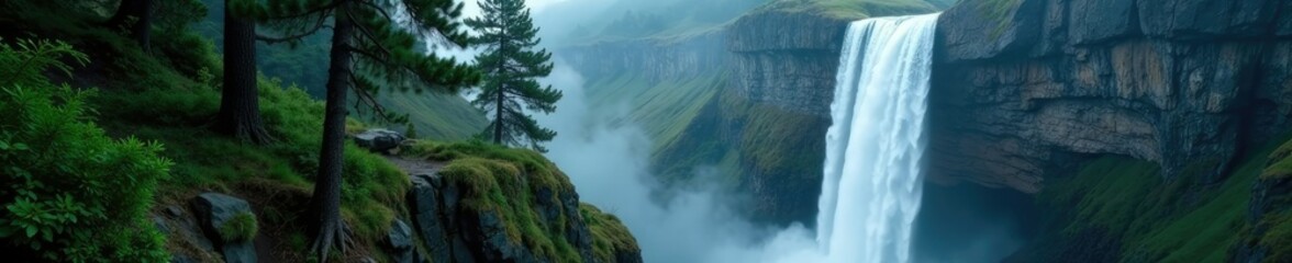 Misty pine tree blends into cliff backdrop as waterfall flows, nature, cliffs, pines