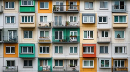Obraz premium A vibrant multicolored apartment building featuring multiple balconies, showcasing modern architecture and urban living aesthetics.