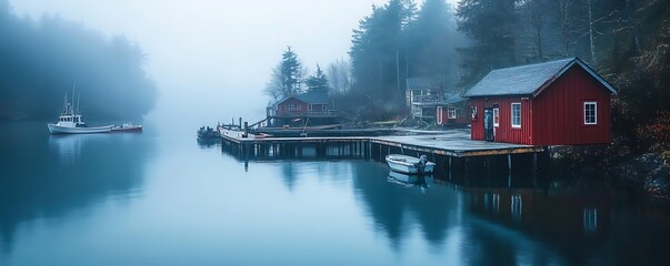 Fishing activity at misty waterfront coastal town photography serene view