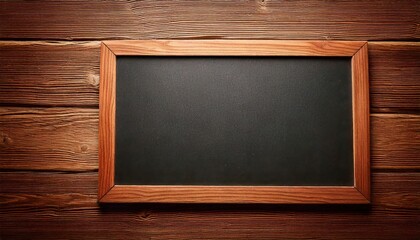 A blank blackboard with a wooden frame mounted on a rustic wooden wall, perfect for menus, messages, or customizable signage.