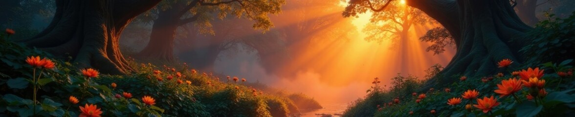 Orange mist veils an ancient, mystical garden in twilight, garden, mysterious