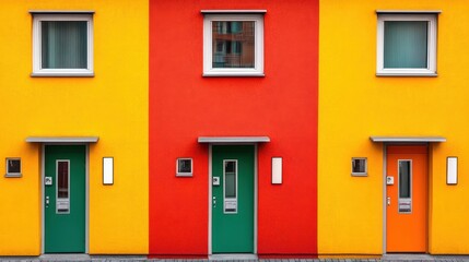 Fototapeta premium A vibrant row of buildings features distinct green doors and windows, showcasing a lively and colorful urban landscape.