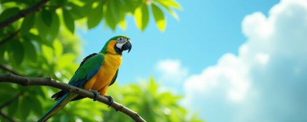 Parrot looking up at the sky on a lush green tree, branches, , look