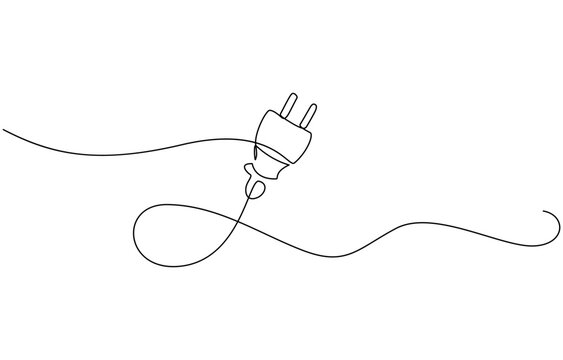 Continuous line art plug energy power storage electric rechargeable supply, One continuous line drawing of plug inserting into electric outlet. Power socket energy disconnect in simple linear style.