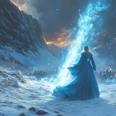 Woman in blue gown wielding ice magic before an army in snowy landscape.