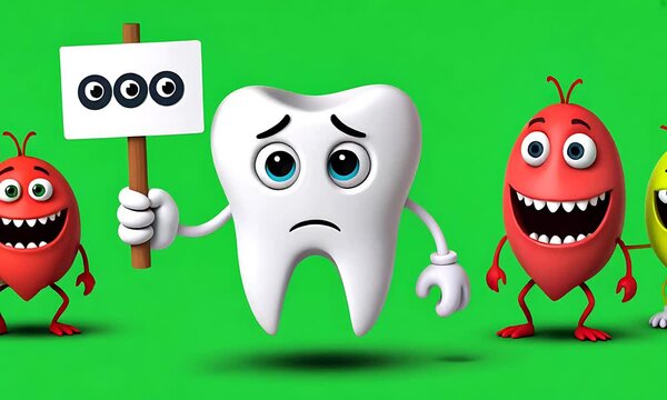 Sad tooth protests germs on green screen