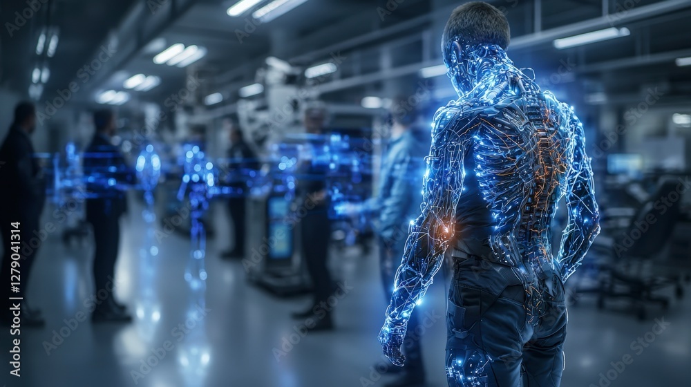 Poster Bionic augmentation vision futuristic lab digital art sci-fi environment side view human-machine integration