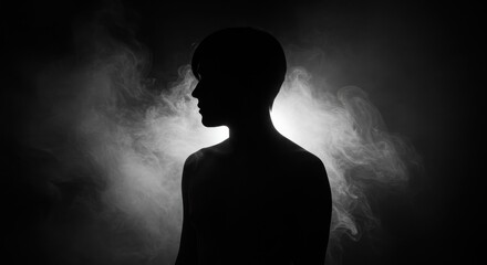 dark moody silhouette, ethereal smoke, atmospheric lighting, high contrast black and white, abstract human form, shadowy figure, mysterious ambiance