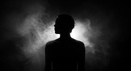 dark moody silhouette, ethereal smoke, atmospheric lighting, high contrast black and white, abstract human form, shadowy figure, mysterious ambiance