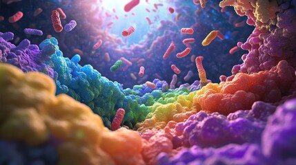Obraz premium Microbes growing into rainbow clouds, floating above the surface of the gut