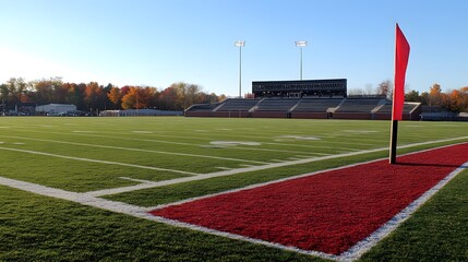 Scenic View of Empty Football Field with Corner Flag and Bleachers