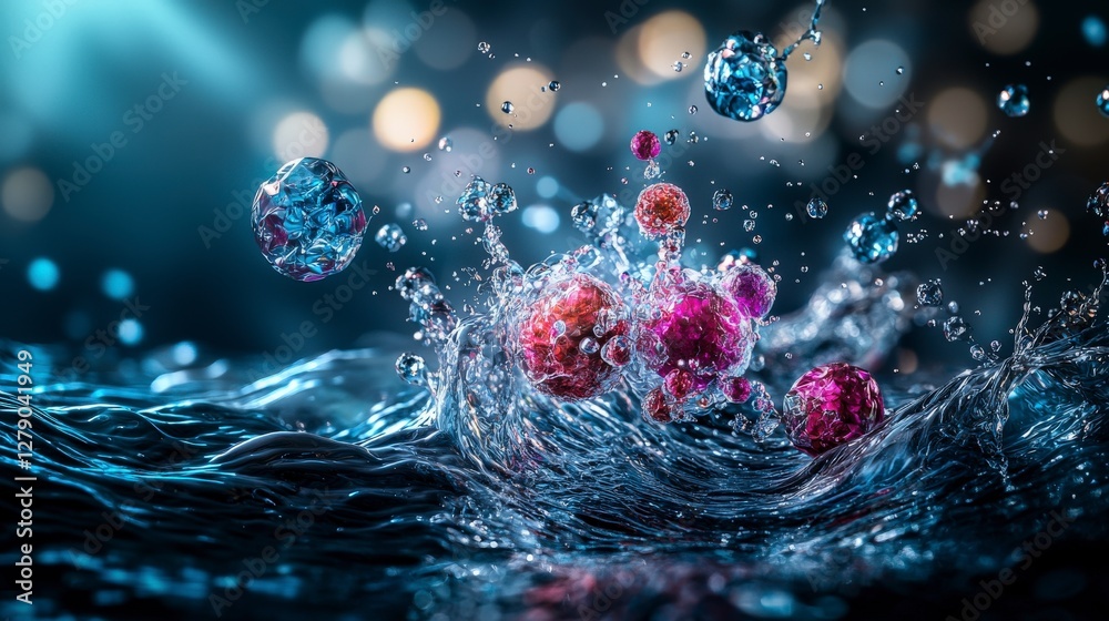 Poster Quantum probability waves in water splash abstract environment digital art representation illuminated scene