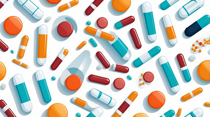Close-up of a variety of medications and pills arranged in a creative, organized pattern on a clean white surface, Scientific style
