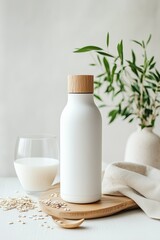 A bottle of fresh oat milk with a glass beside it, set on a wooden board with scattered oats and a minimalist natural background. A healthy plant-based beverage concept.

