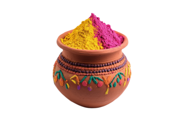 Bright and colorful gulal spilling from a clay pot Isolated on transparent background.