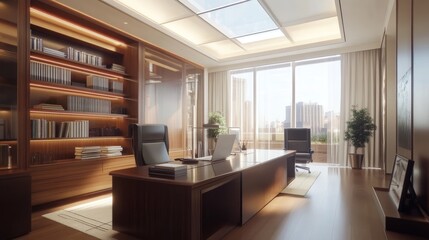 Modern office interior with sleek furniture, large windows, and cityscape view in background