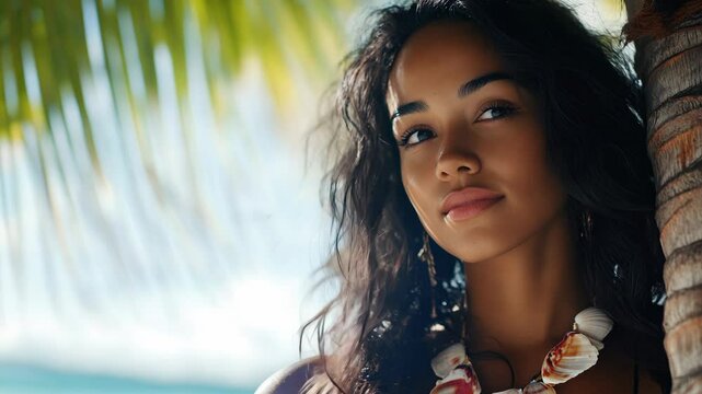 A beautiful woman with curly hair in tropical surroundings with the ocean and palm trees behind her