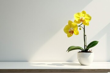 Single yellow white orchid on a minimalist desk, minimalist, elegant, plant