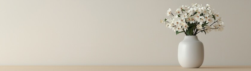Elegant White Flower Bouquet in a Minimalist Vase on a Wooden Table with Soft Neutral Background