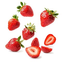 Fresh, ripe strawberries levitating, whole and sliced, isolated on white.