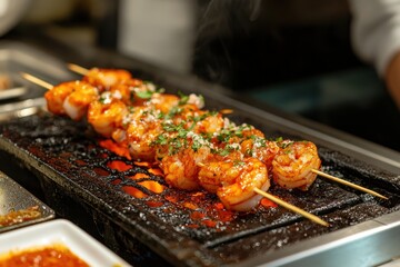Naklejka premium Grilled shrimp skewers, seasoned and sizzling. Perfect for restaurant menus, food blogs, or culinary articles showcasing delicious grilled seafood.
