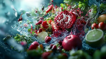 Ethical consumption illustrated vibrant fruits and vegetables nature art close-up sustainability concept