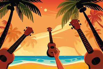 Vibrant vector illustration of cheerful ukulele players amidst lush palm trees on a sunny beach.