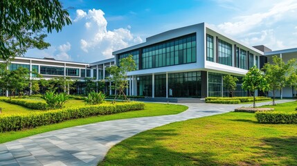 Naklejka premium A modern school building with large glass windows and a neatly landscaped front yard