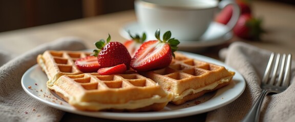 Belgian Waffles and Coffee: Strawberry-Topped Breakfast on a White Plate