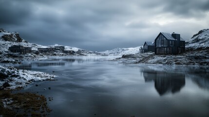 Ethereal human settlements adaptation amidst icy landscape remote location atmospheric photography scenic viewpoint